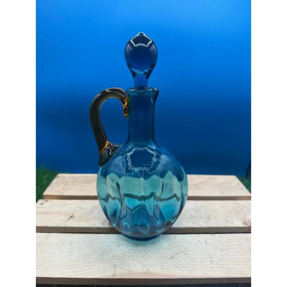 Blenko Style Mid-Century Blue Art Glass Decanter with Amber Handle - 8” Tall